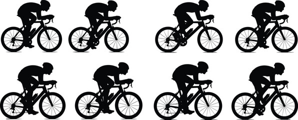 Naklejka premium Cyclist riding road bike silhouettes set showing professional cycling athlete racing isolated on white background sport training concept