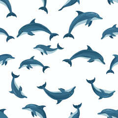 Fototapeta premium Seamless pattern of blue dolphins swimming against a white background