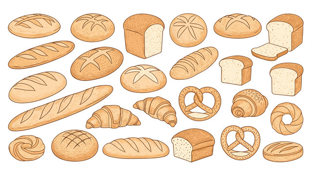 Extensive collection of various hand drawn bread types including baguettes croissants pretzels and round loaves on white.
