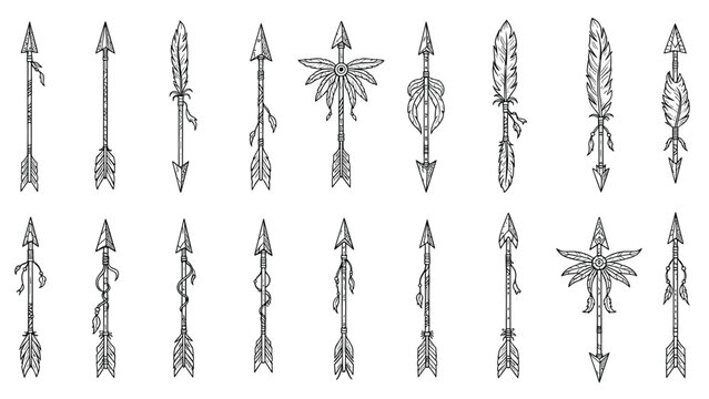Collection of hand drawn tribal arrows decorated with feathers and ethnic patterns in a vintage black and white sketch style.