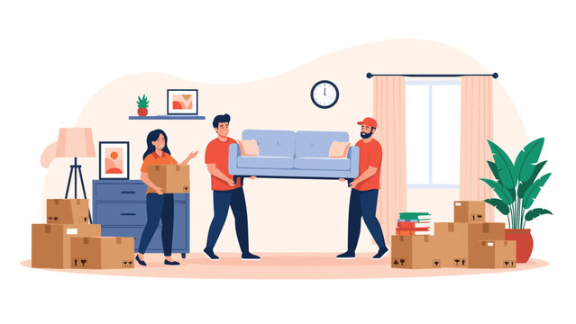 Team of professional movers in orange shirts carrying a blue sofa into a room while a woman manages the cardboard boxes.