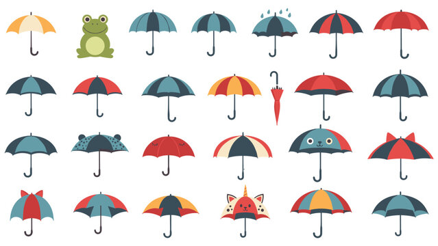 Large grid of various umbrella designs with colorful patterns and cute animal themes including a green frog and a cat.