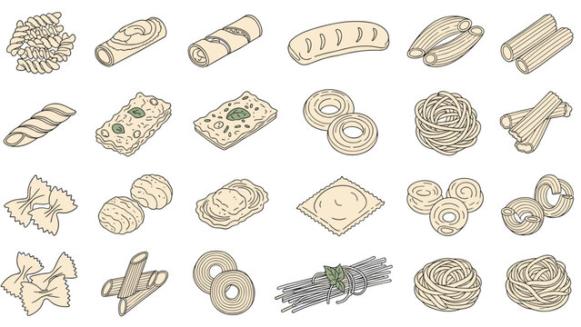 Large assortment of different Italian pasta shapes and varieties including penne, fusilli, farfalle, and ravioli in hand-drawn style.