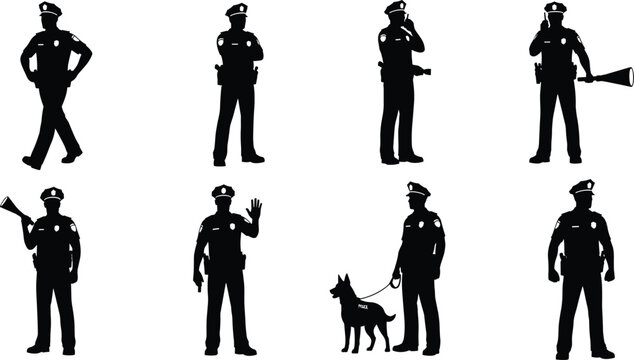 Police officer silhouettes collection with law enforcement standing walking communicating and patrol dog isolated on white background security concept
