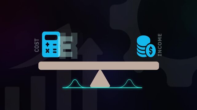 Digital expense analytics and cost management visualization showing income balance on a financial scale for business