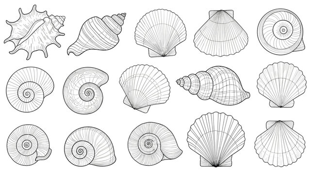 Fine line art sketches of various seashells and snail shells showcasing different shapes, patterns, and spiraling structures.