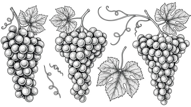 Detailed hand-drawn sketches of grape bunches and vine leaves in a classic engraving style perfect for wine labels and menu designs.