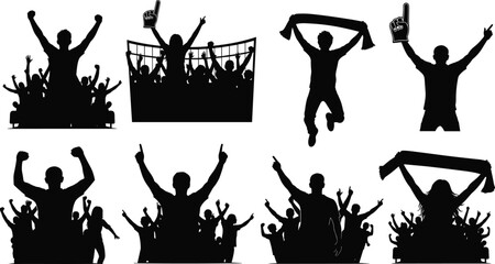 Silhouette sports fans cheering with scarves, foam fingers, and celebration poses, stadium crowd icons for team spirit and events © mokbul