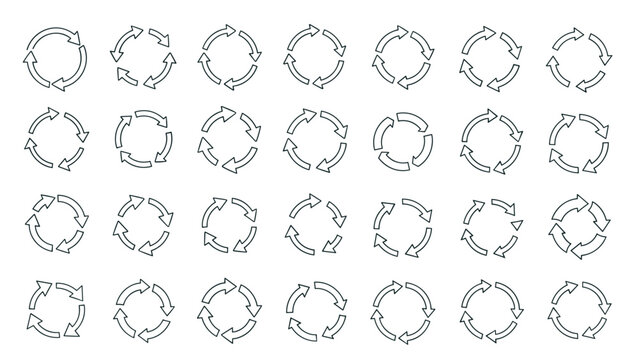 Large set of various circular arrow icons representing recycling, refresh, and continuous process cycles in simple black outline.