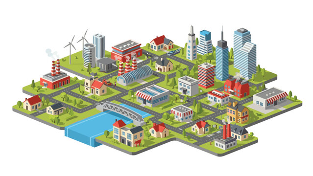Vibrant isometric map of a modern town featuring residential houses, tall skyscrapers, factories, wind turbines, a river, and a bridge.