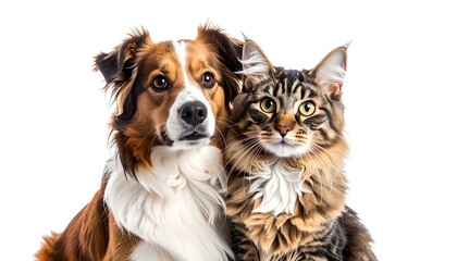 Fototapeta premium A close-up portrait of a dog and a cat, appearing to be best friends, posed together against a white background