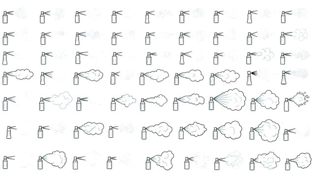 Detailed grid of aerosol spray bottle icons demonstrating different spray patterns, mist densities, and cloud formations.