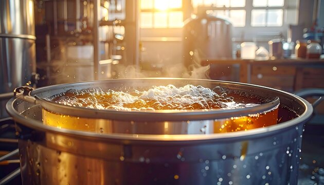 A large industrial vat with steam rising, containing a frothy substance