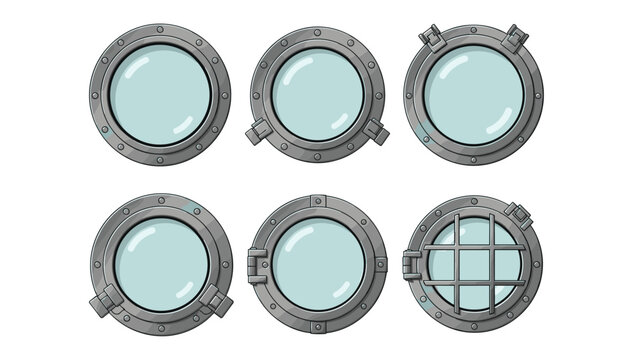 Collection of circular ship porthole windows with metal frames and glass panes shown from different angles and designs.
