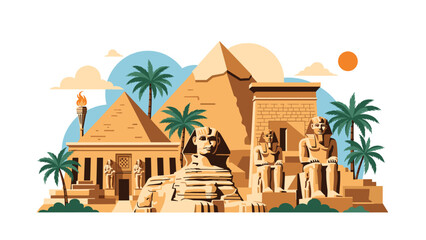 Obraz premium Landscape illustration of ancient Egyptian landmarks featuring the Great Sphinx, pyramids, and palm trees under a sunny sky.