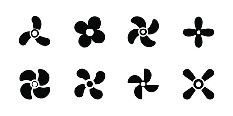Fototapeta premium Black and White Propeller Vector Icons, Simple Aviation and Fan Blade Symbols on White Background Ideal for Aircraft Graphics, Engineering Illustrations, and Creative Design Applications.