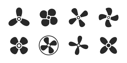 Fototapeta premium Black and White Propeller Icons Set, Vector Collection of Airplane and Fan Propeller Symbols Isolated on White Background for Aviation, Technology, and Mechanical Design Projects.