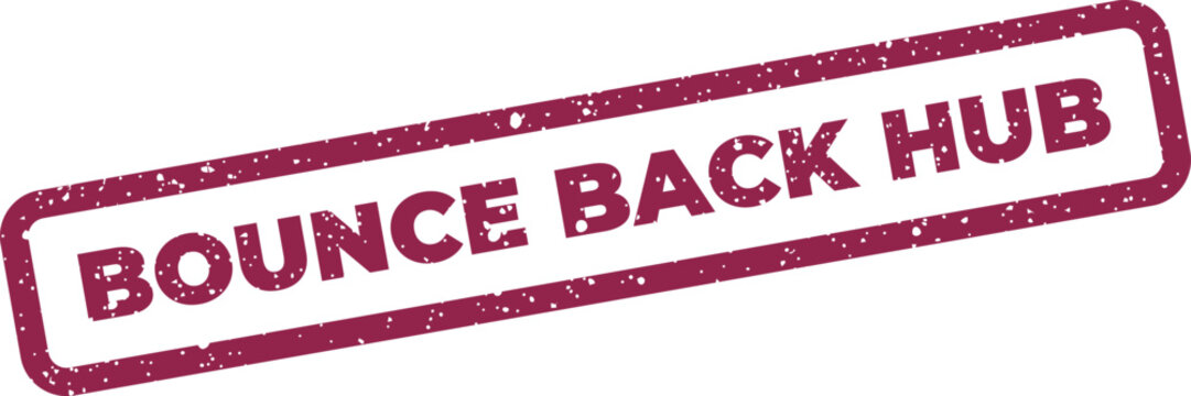 Rectangular distressed rubber stamp featuring the phrase BOUNCE BACK HUB, representing a central point for recovery