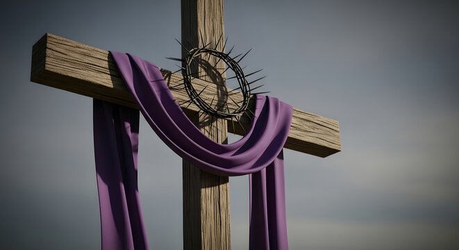 Crucifix with purple cloth and crown of thorns on wooden cross