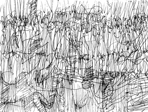 Hand-drawn monochrome line drawing with irregular strokes overlapping dense vertical lines filling the entire frame