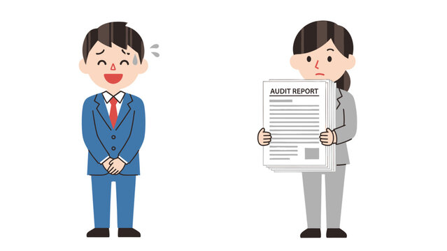 Embarrassed Businessman Faces Audit Report Presented by Concerned Woman