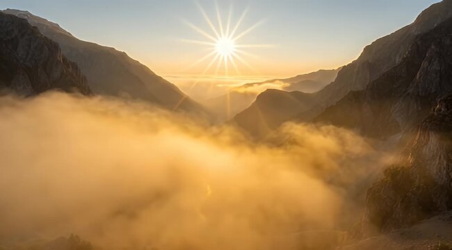 Mountain valley filled with soft mist at sunrise/sunset, with a glowing sun on the horizon