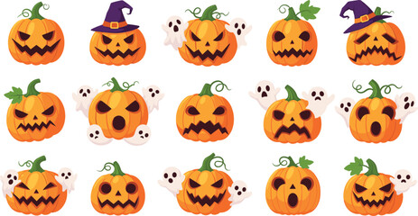 A collection of Halloween pumpkin illustrations with spooky faces, witches' hats, and ghost accents