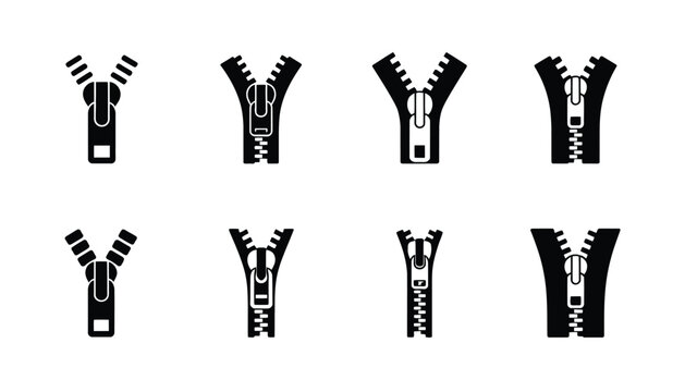 Black and White Zipper Icons Set, Vector Illustrations of Open and Closed Zip Fasteners Ideal for Clothing Design, Tailoring Graphics, Fashion Branding, and Creative Applications.