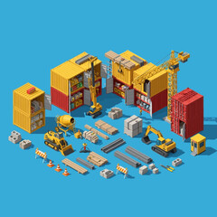 Fototapeta premium Isometric illustration of a construction site with various equipment and materials, vibrant colors.