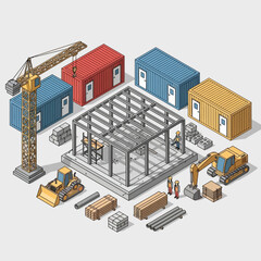 Naklejka premium Isometric illustration of a construction site with various elements and equipment.