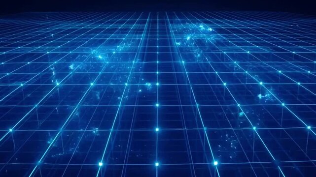 Abstract digital grid with glowing blue nodes representing global data network.