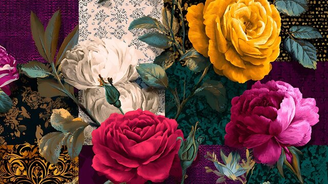 Luxurious floral patchwork background with blooming peonies and roses on an ornate maximalist collage of deep plum, emerald and gold
