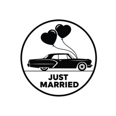 A black and white circular emblem depicts a vintage car with two heart shaped balloons celebrating a newlywed couple s journey high quality professional detailed modern elegant stylish © RihamTeam