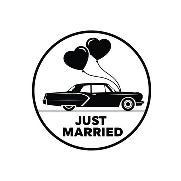 A black and white circular emblem depicts a vintage car with two heart shaped balloons celebrating a newlywed couple s journey high quality professional detailed modern elegant stylish