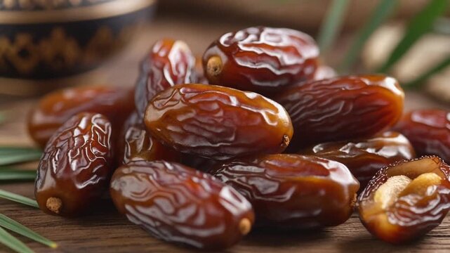 Dates in a bowl on a wooden table isolated on a white background