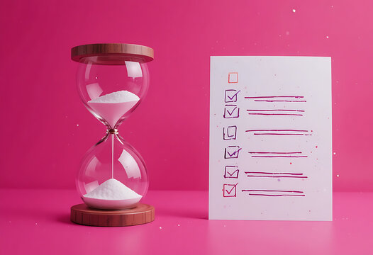 Hourglass with checklist on pink background, symbolizing time management