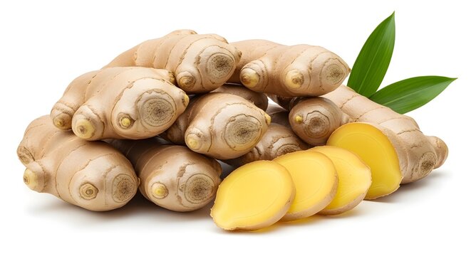 Fresh ginger root with slices and leaves on white background