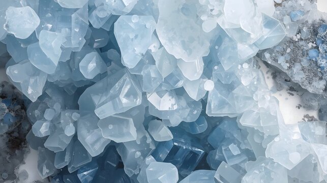 Macro of natural blue celestite crystal cluster with translucent sky blue mineral structure for wellness and geological background
