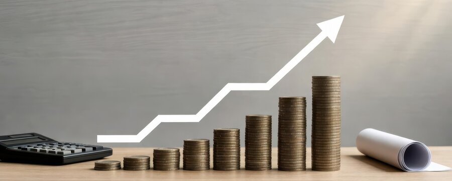 Business growth success financial investment profit coins stack rising arrow chart wooden table office background minimalist concept