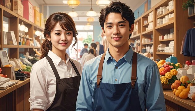 A man and a woman wearing aprons standing in a grocery store