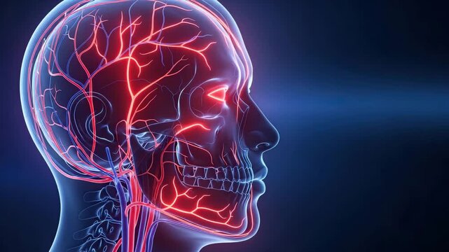 Human brain and skull anatomy with blood vessels