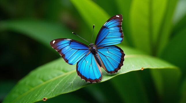 Blue Morpho Butterfly on Leaf in Lush Green Forest close up