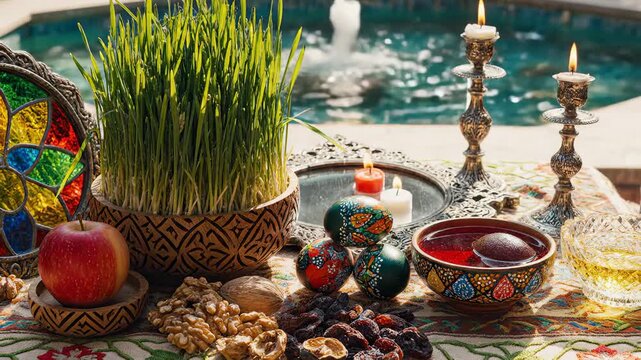 Haft-Seen Table Setting With Sabzeh, Painted Eggs, and Candles for Nowruz Celebration