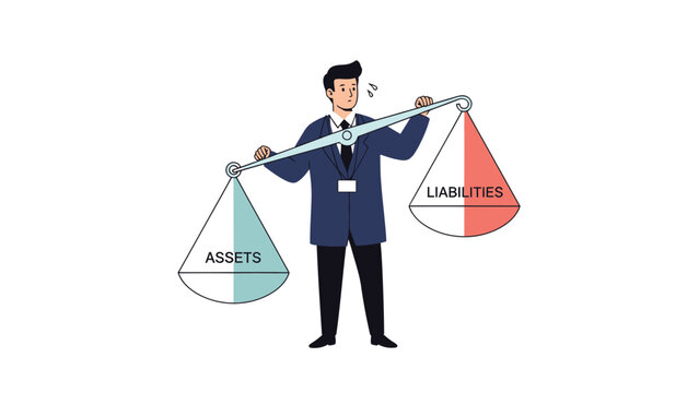Assets vs Liabilities: Stressed businessman struggling with financial imbalance on a scale illustration
