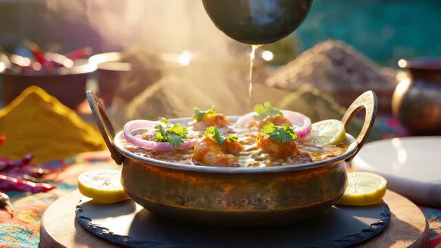 Pouring Delicious Shrimp Curry Into a Traditional Bowl With Spices and Garnishes