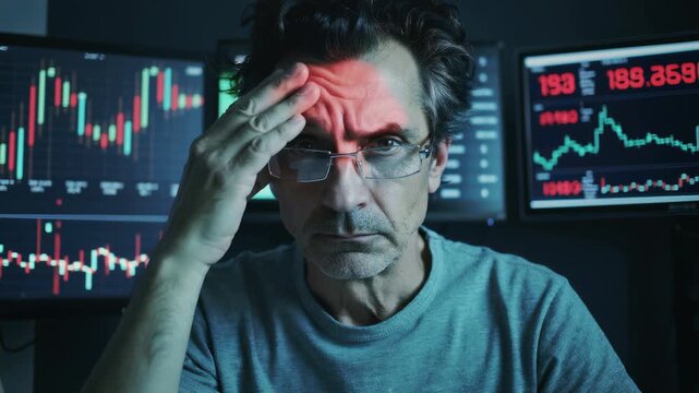 Stressed mature financial stock trader holding his forehead with worried expression while monitoring multiple trading screens, concept for financial market crash, investment loss and recession