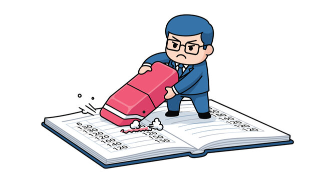 Determined businessman erasing entries from a book, signifying correction or data removal