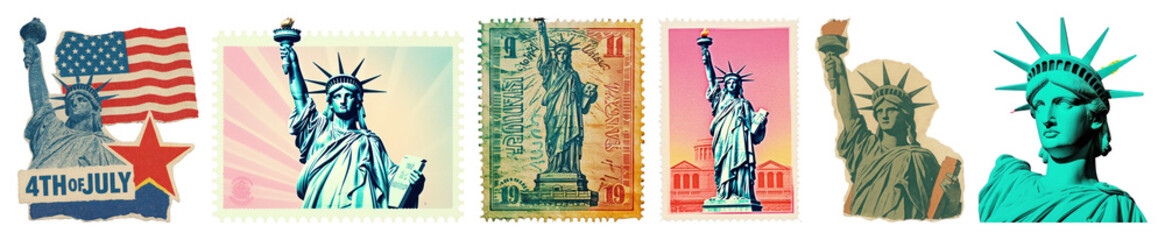 Obraz premium PNG Vintage Statue Liberty postage stamps on transparent background