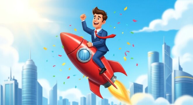 Animated business man rides a red rocket through city sky, confetti flying