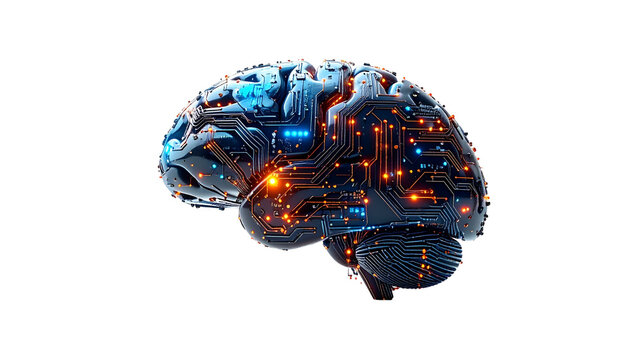 3D icon of artificial intelligence brain made of circuits, modern tech symbol, isolated on transparent background.